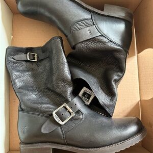 Frye Black Leather Buckle Moto Boots